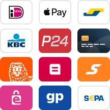 Betalen met Ideal, Apple Pay, Bancontact, KBC-CBC, Przelewy24, Credit Card, ING Home Pay, Belfius, Sofort Banking, EPS, Giropay, SEPA bankoverboeking of handmatig vooruitbetalen.