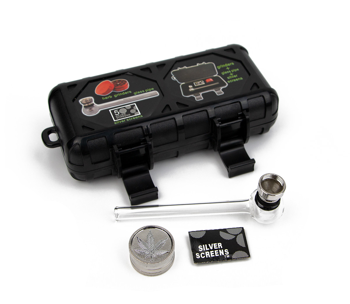 Glass Pipe and Grinder in Hard Case Travelbox - Waterpijp-bong.nl