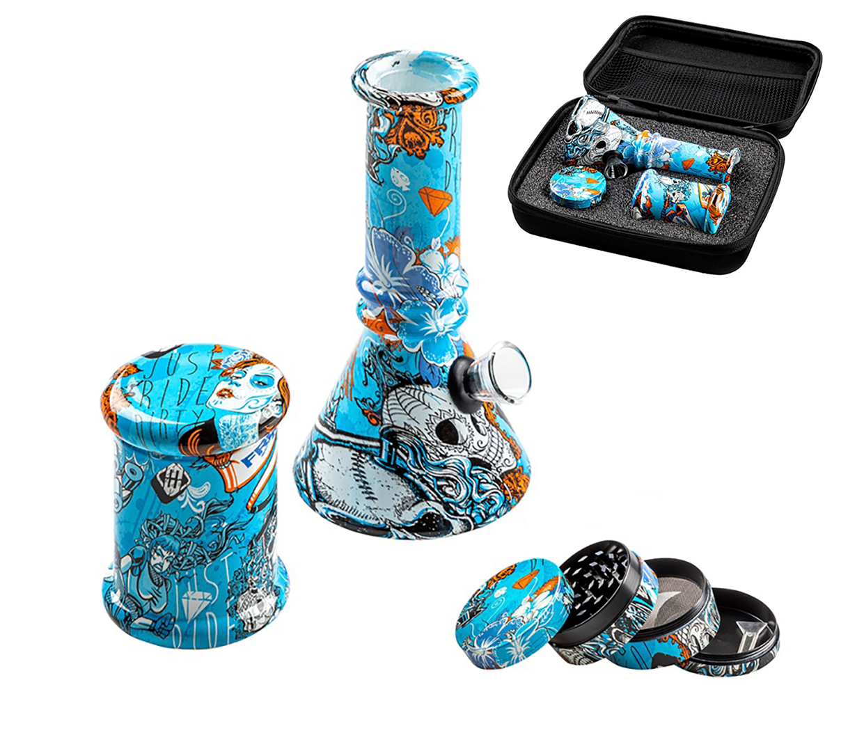 Mini Glass Bong 3-part set in Case - Blue